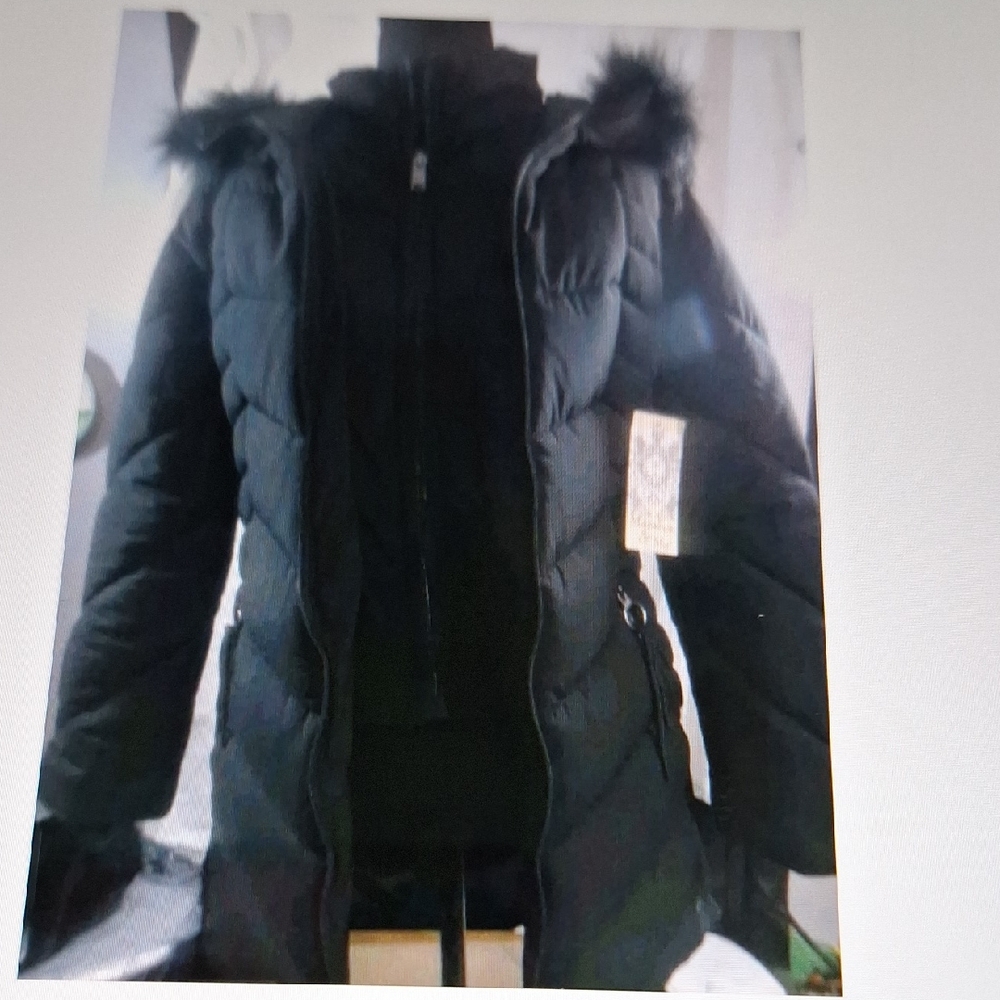 Maralyn & Me Charcoal Puffer Coat with Faux Fur Trim